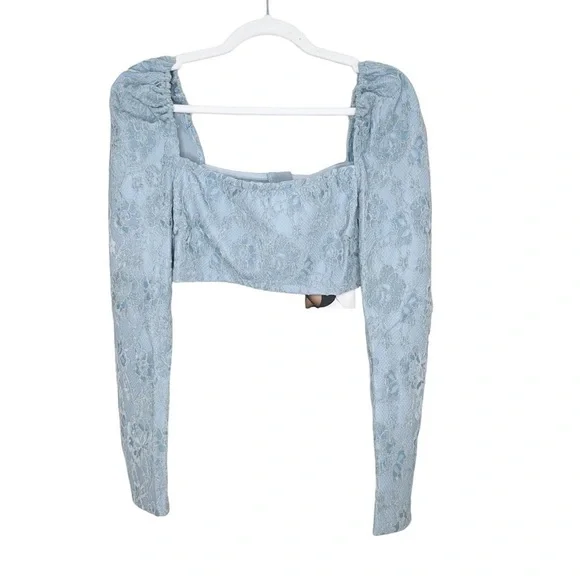 NAKED WARDROBE Velvet Lace Blue Long Sleeve Crop Top - Small - Picture 2 of 8